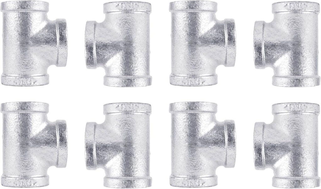 PIPE DECOR 3/4 in. Authentic Galvanized Malleable Iron Tee, 8 Pack, for DIY Pipe Furniture Building and Regular Plumbing Applications