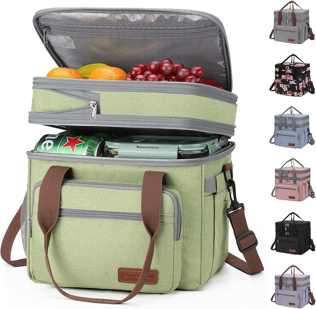 Maelstrom Lunch Bag Women,23L Insulated Lunch Box For Men Women,Expandable Double Deck Lunch Cooler Bag,Lightweight Leakproof Lunch Tote Bag With Side Tissue Pocket,Green