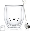 Cat Mug Cute Mugs Glass Double Wall Insulated Glass Espresso Cup, Kawaii Cup, Coffee Cup, Tea Cup, Milk Cup, Best gift for Office and Personal Birthday Christmas (Cat)