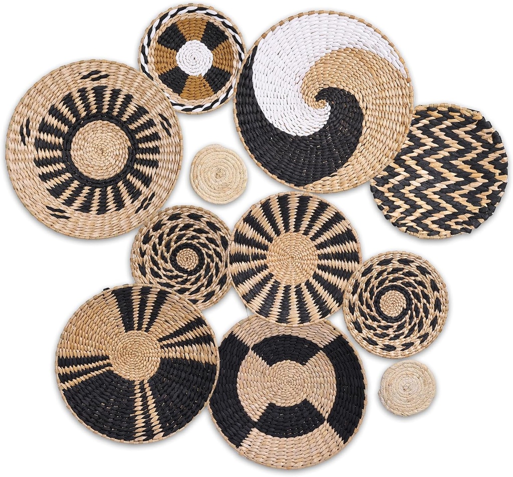 11Pack Boho Wall Basket Decor - Woven Seagrass Rattan Wall Art, Rustic Round Baskets for Farmhouse Living Room, Bedroom, Kitchen, Dining Room - Boho Style Decorative Hanging Baskets