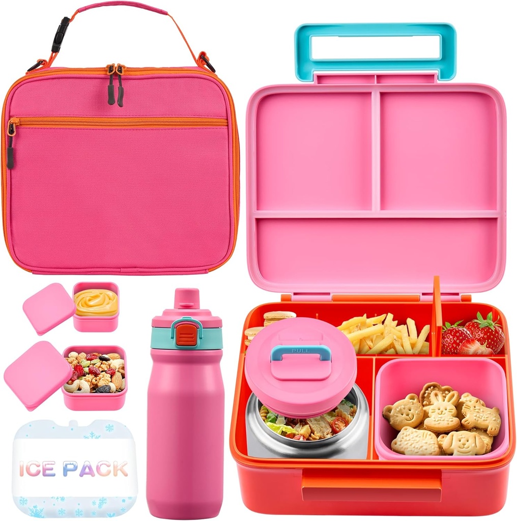 Bento Lunch Box for Kids with Thermos, Leakproof Bento Box with 8oz Insulated Food Jar, Insulated Bottle, Lunch Bag, BPA Free Dishwasher Safe 4 Compartment Container for School Girls Boys (Pink)