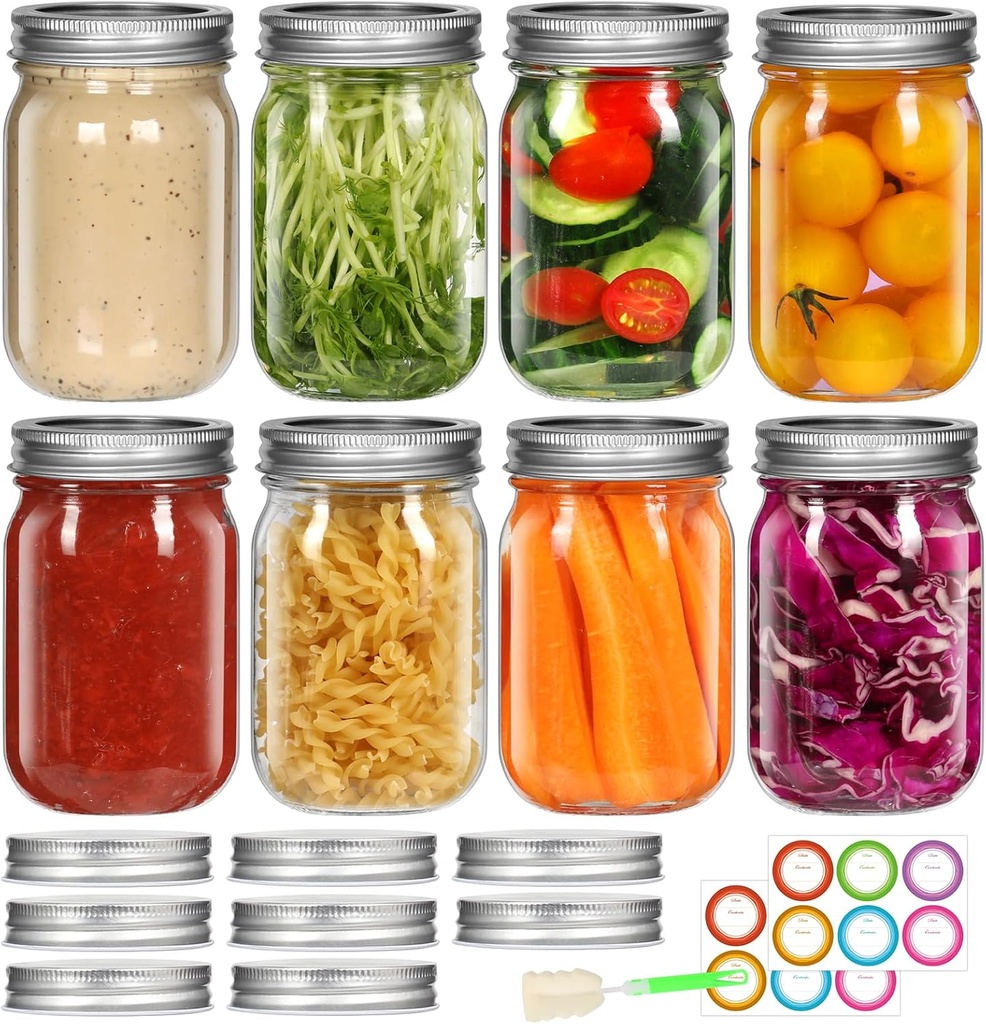 12 oz Glass Regular Mouth Mason Jar with Airtight Lid, 8 Pack Canning Jars, 8 Split-Type Lids＆8 Single Lids Included, Clear Glass Jars for Canning, Meal Prep, Candies, DIY Projects