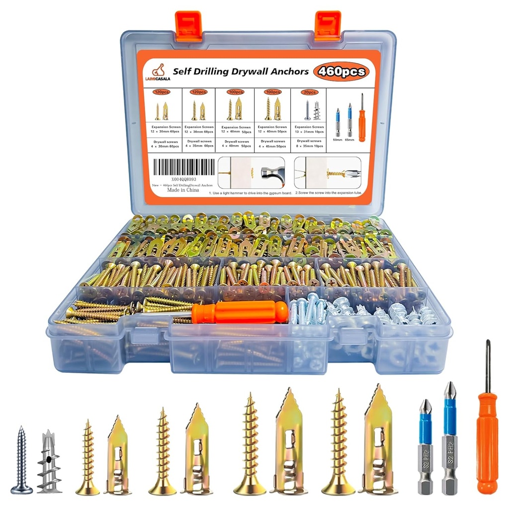 460PCS Self Drilling Drywall Anchors with Screws Kit,5-Sizes Metal Expansion Bolt for Dry Wall,230 PCS Sheetrock Anchors and 230 PCS Screws-No Drill Needed