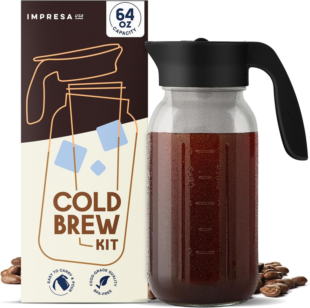 IMPRESA Glass Cold Brew Coffee Maker - 64 Oz, Black Stainless Steel Filter & Tea Infuser - Spill-Resistant Pour Spout for Cold Brew Pitcher with Lid