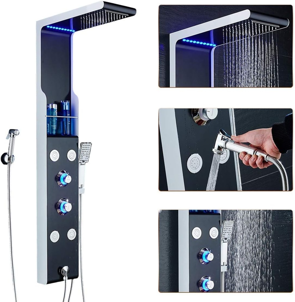 ELLO&ALLO LED Rainfall Waterfall Shower Head Rain Massage System with Body Jets & Hand Shower Stainless Steel Bathroom Shower Panel Tower System, Black and Silver