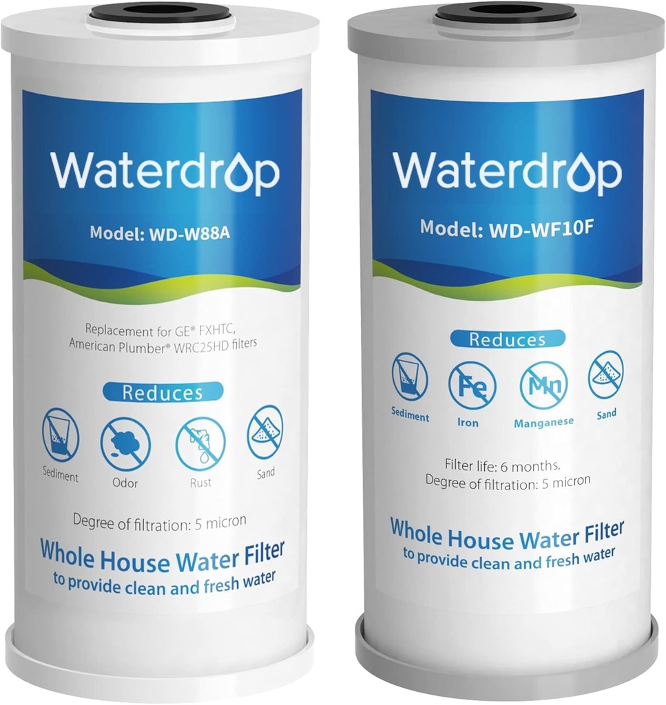 Waterdrop Whole House Water Filter, Carbon Filter, Reduce Iron & Manganese Filter Cartridge, Replacement for GE GXWH40L, FXHTC, Ispring, Culligan® RFC-BBSA, Whirlpool®, Any 10" x 4.5" System, 5 Micron