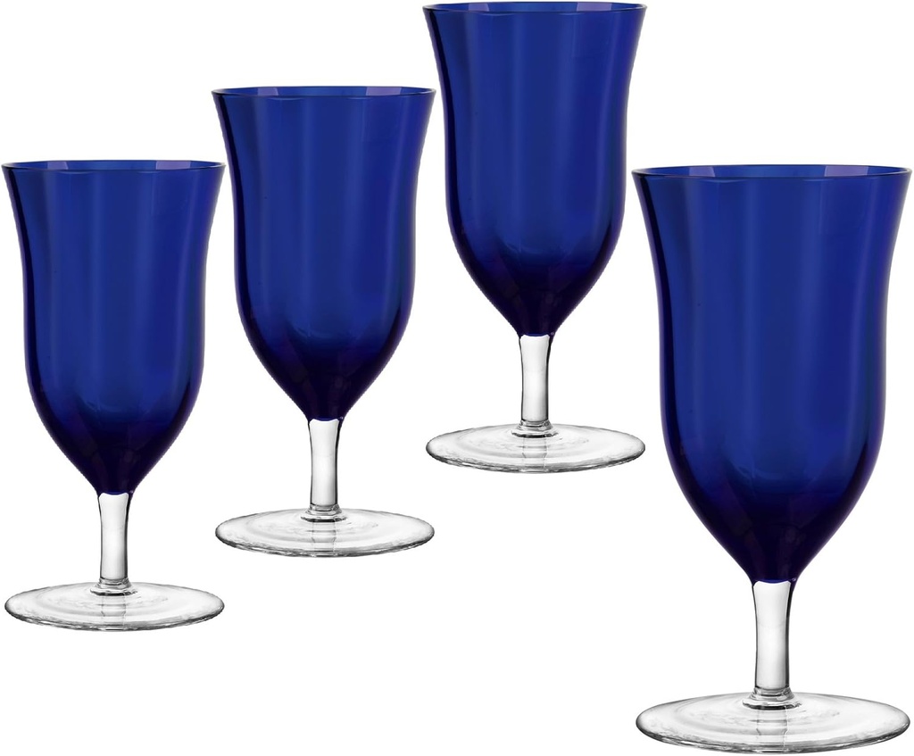 QUALIA Meridian Blue Drinking Glasses Set of 4, Cobalt Blue Goblets Glassware, Colored Iced Tea Glasses with Optic Effect, 15 oz Lead-Free Colored Crystal Glass Drinking Set, Birthday Gifts For Women
