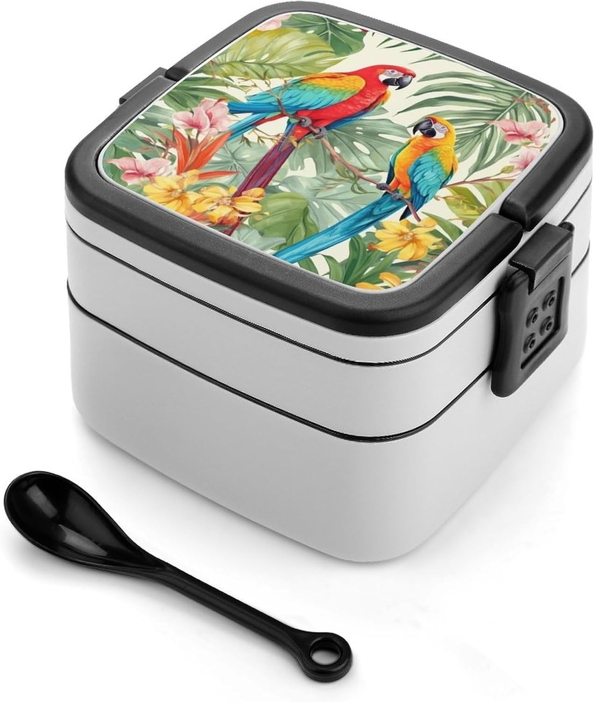 Tropical Plants And Parrots Bento Box Adult Lunch Box All-in-One Lunch Containers with Removable Compartments Double Layer Bento Lunch Box with Spoon And Handle Stackable Lunchbox