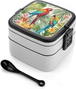 Tropical Plants And Parrots Bento Box Adult Lunch Box All-in-One Lunch Containers with Removable Compartments Double Layer Bento Lunch Box with Spoon And Handle Stackable Lunchbox