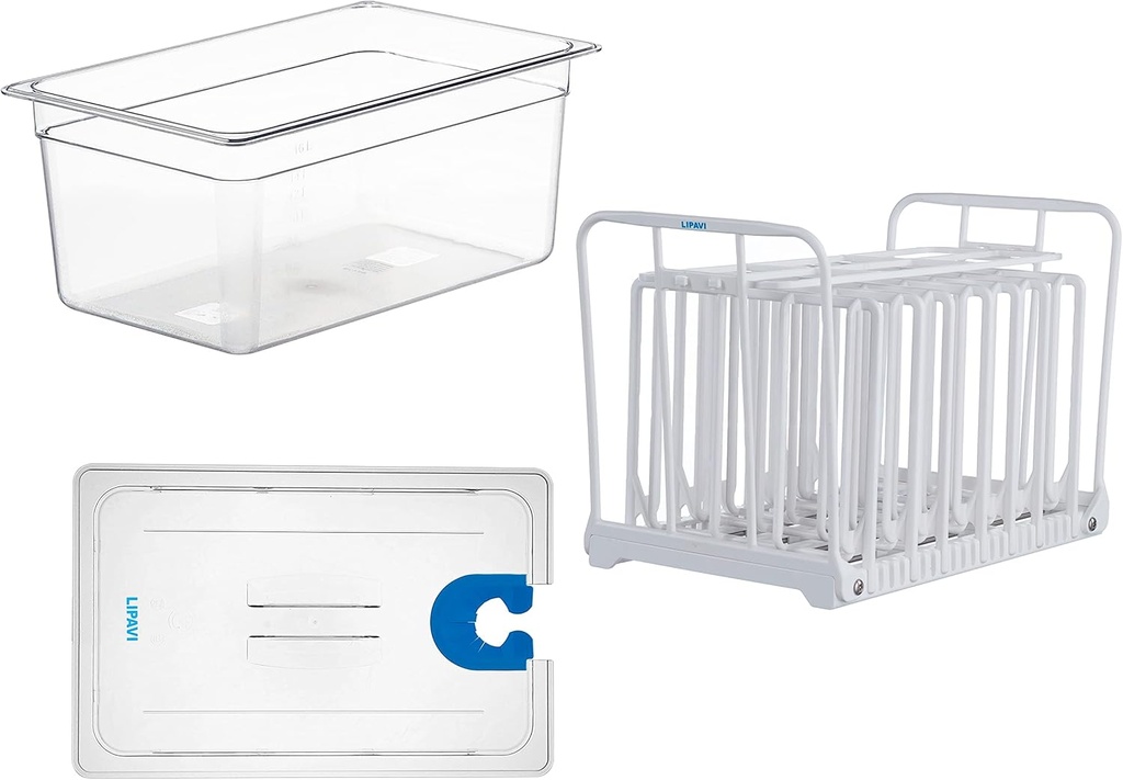 LIPAVI Sous Vide System Model NXC15-UNIR - with C15 Container, N15X Rack and an Universal lid - fits virtually any sous vide machine up to 2.755 inches (70mm) in diameter