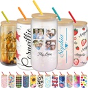 Personalized Glass Cup with Bamboo Lids and Straws 16oz Custom Name Photo Sublimation Drinking Glass Can Tumbler Customized Ice Coffee Cup Gifts for Birthday Wedding Anniversary Party