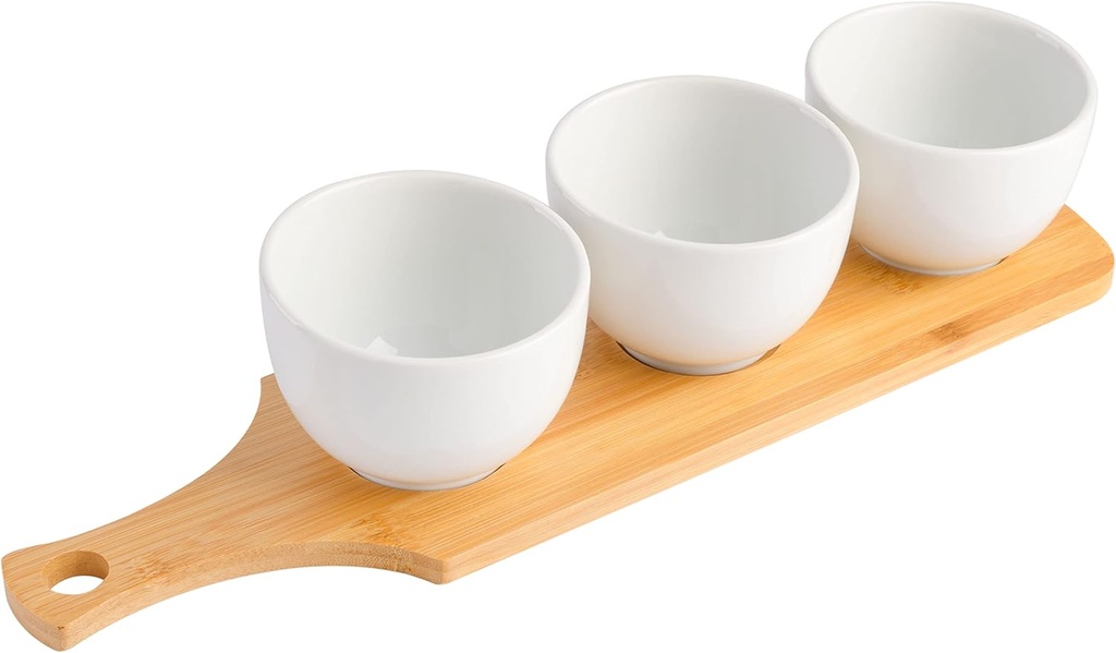 Gibson Home Gracious Dining Dinnerware, 3pc Tidbit Bowl Set w/Bamboo Tray, White, 3-Piece Tidbit Bowl w/Bamboo Tray