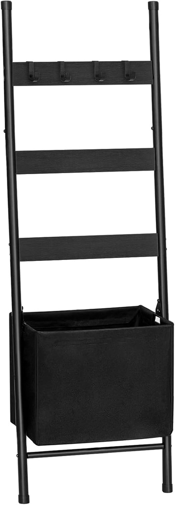 HOOBRO Blanket Ladder with Basket, 17.3”L x 63.4”H, Towel Rack with Hooks, Blanket Holder Rack, Decorative Ladder Shelf, Drying and Display Rack for Bathroom, Living Room, Black BB31CJ01