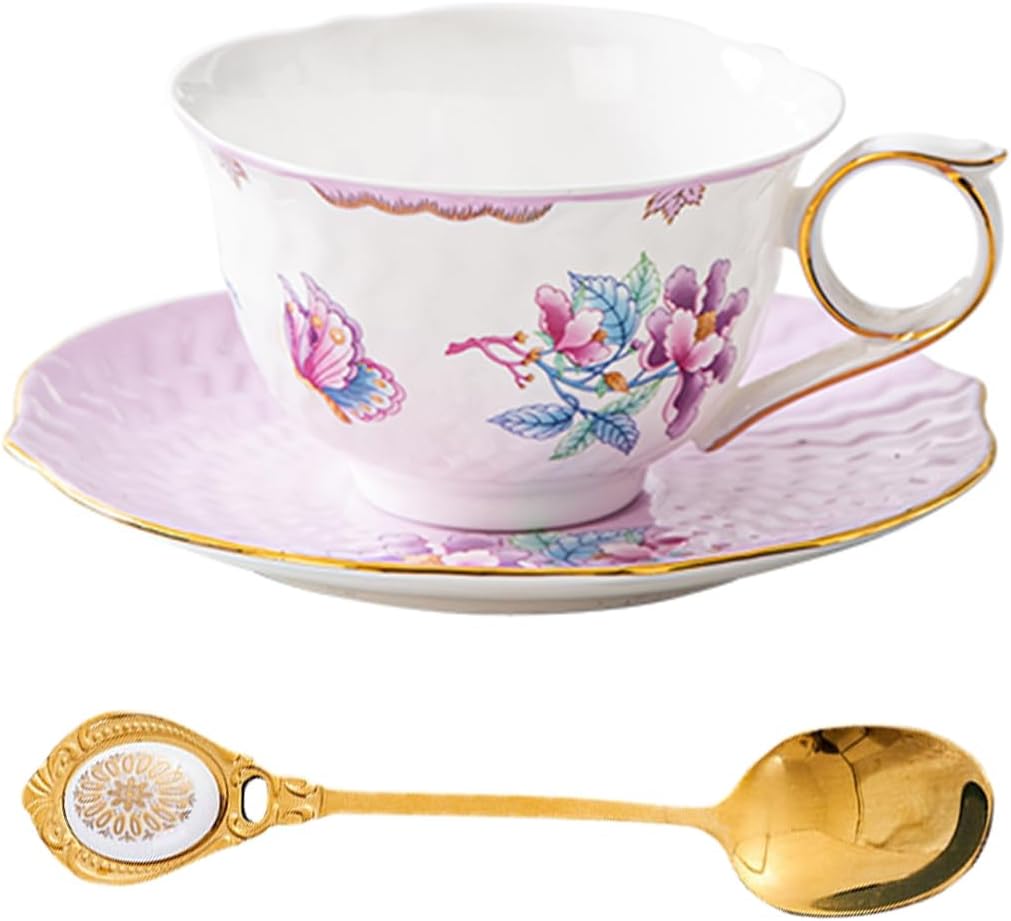 Tea Cup and Saucer Set, Floral Butterfly Vintage Tea Cup with Gold Trim, Bone China Teacup with Saucer and Spoon, Porcelain Coffee Cup Set for Women and Tea Party, 6.8 oz