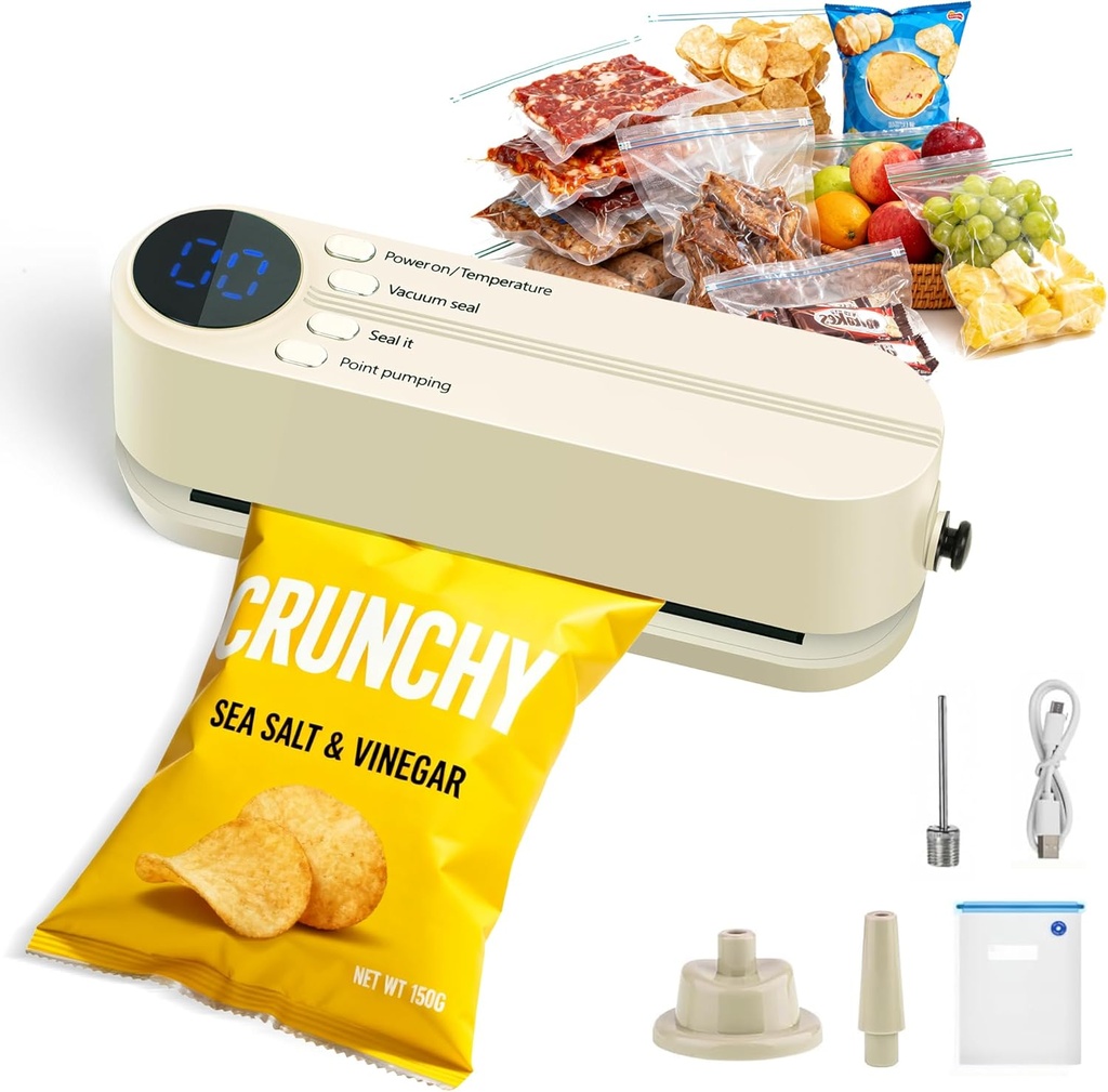 Food Storage Vacuum Sealer Machine, Portable Mini 3-in-1 Rechargeable Food Saver Vacuum Sealer, Mini Cordless Vacuum Sealer with 4 Snack Bags, 1 Storage Bag, Inflation Pump, Needle & Nozzle Included