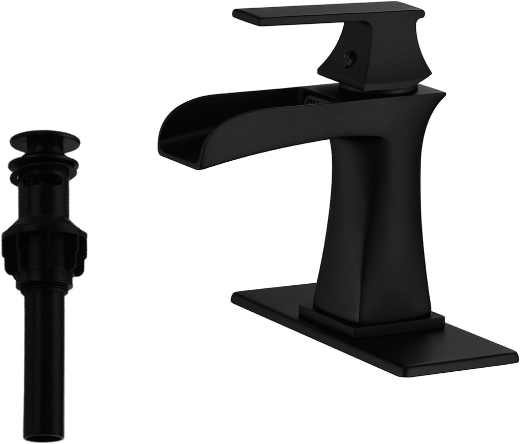 Bathroom Sink Faucet with Pop Up Drain Matte Black Single Handle One Hole/Three Hole Deck Mount Vessel Basin Vanity Mixer Tap Lavatory Contemporary Brass Waterfall Faucets