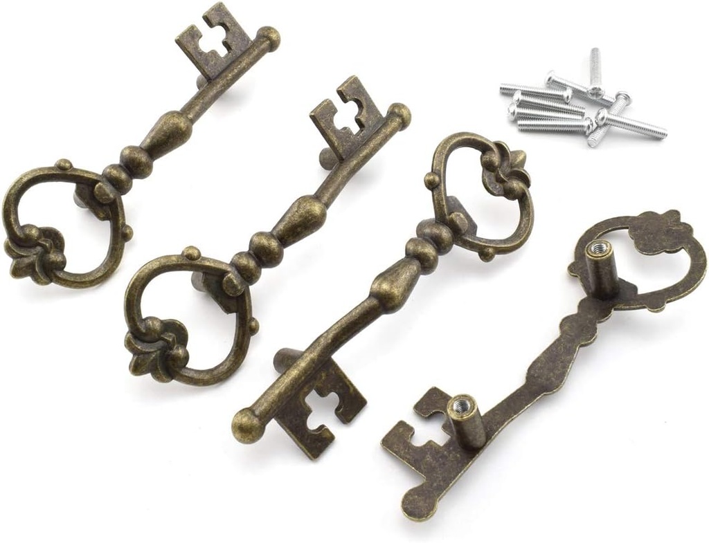 Antique Key Shape Pull Handles, 4-Pack 4.7inch / 119mm Vintage Bronze Zinc Alloy Decorative Door Pull Knob Handles for Cabinet Drawer Dresser Wardrobe