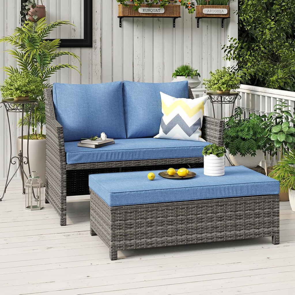 OC Orange-Casual 2-Piece Outdoor Patio Furniture Wicker Love-seat and Coffee Table Set, with Built-in Storage Bin, Grey Rattan, Navy Blue Cushions