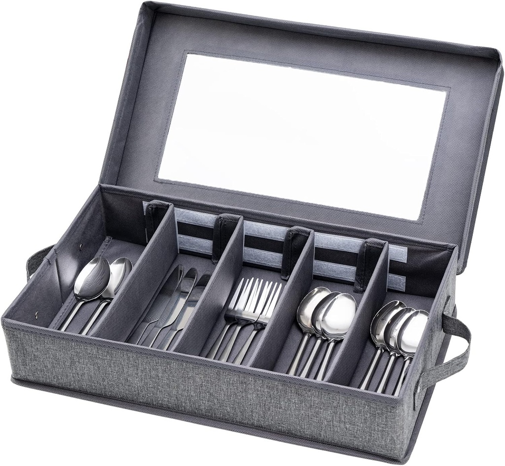 Silverware Storage Box, Flatware Storage, Utensil Storage with Removable Lid and Adjustable Dividers for Organizer Utensils, Cutlery, Flatware, Knives, Large Capacity Gray
