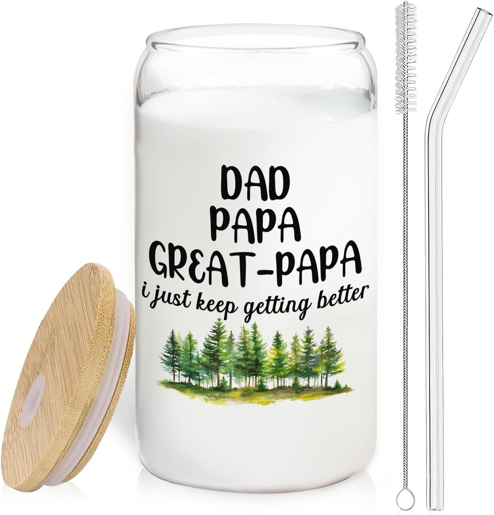 Pregnancy Announcement for Dad Papa Great-Papa Glass Cup with Lids and Straws 14oz, Grandpa Announcement Gifts Glass Coffee Tumbler Drinking Jars with Cleaning Brush