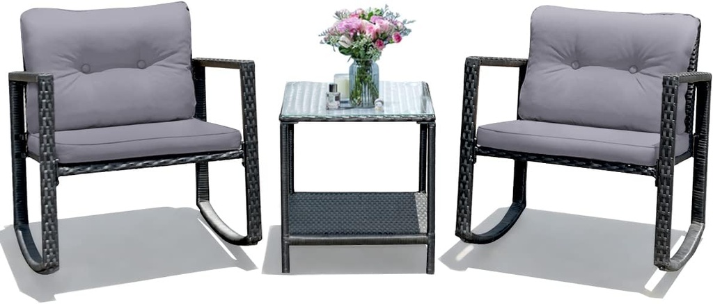 Tangkula 3 Pieces Patio Wicker Rocking Bistro Set, Outdoor Rocking Chair Furniture Set w/Cushioned Seat, Conversation Set w/Glass Coffee Table and Storage Shelf (Gray)
