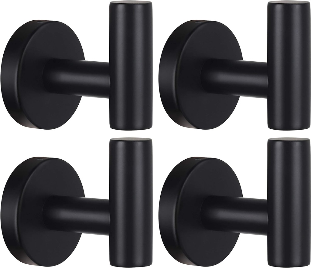 Towel Hooks Bathroom Coat Robe Wall Hook Heavy Duty Door Hanger Towel Robe Clothes Cabinet Closet Sponges Rack for Bathroom Bedroom Kitchen Hotel Pool 4 Packs Matte Black(Drilling Installation)