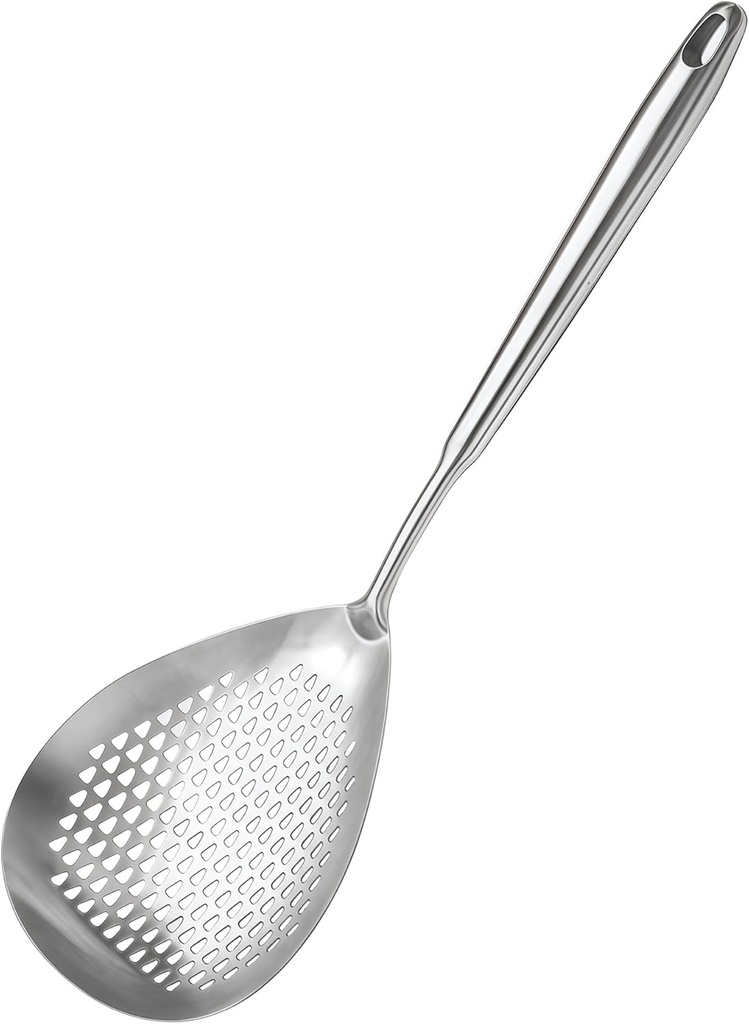 IMEEA Skimmer Ladle SUS304 Stainless Steel Slotted Spoon for Deep Frying,16 Inch Strainer Spoon Deep Fryer Scoop