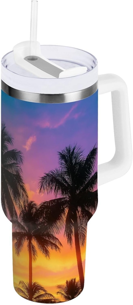 Blueangle 40oz Insulated Tumbler with Handle & Straw Lid - Leakproof Stainless Steel Travel Mug, Double-Wall Vacuum Coconut Palm Trees Water Bottle（26）