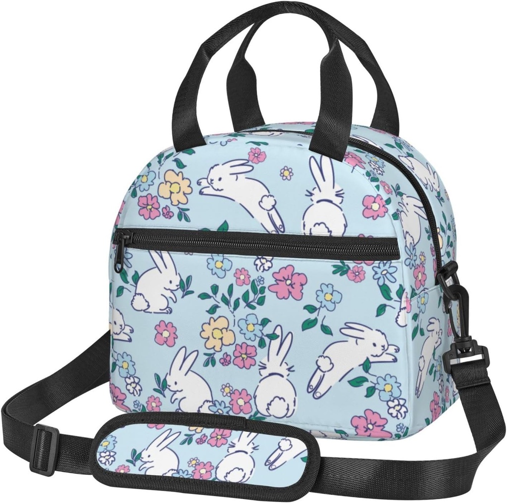 Beautiful Flowers and Bunnys Lunch Bag with Adjustable Shoulder Strap for Women Men Reusable Lunch Box Leakproof Tote Bags Insulated Cooler for Work Travel Outdoor(9 x 5 x 7.8 Inches)