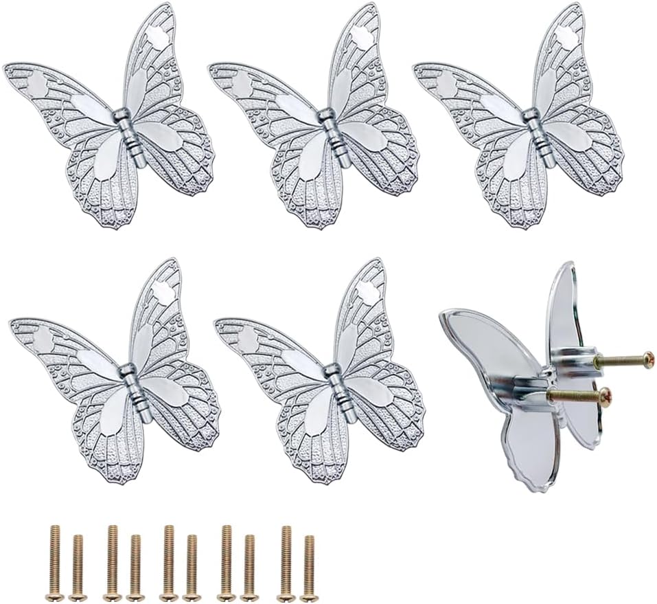 Butterfly Drawer Pulls, 6 Pcs Metal Zinc Alloy Butterfly Knobs Silver Decorative Cabinet Knobs, for Home Cabinet Drawer Dresser Bathroom Kitchen Wardrobe