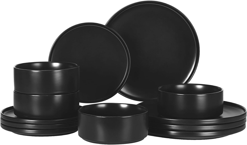 GZG Classic Series - Plates and Bowls Set for 4, 12 Piece Stoneware Dinnerware Sets, Microwave and Dishwasher Safe Lead-Free Handcrafted Ceramic Dishes Set - Matte Black