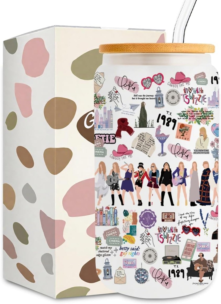 Music Lovers Gifts for Women, Singer Inspired Iced Coffee Cup, Singer’s Merchandise, 16oz Glass Cup with Lid and Straws, Birthday Christmas Gifts for Music Fans Women Teen Girls Friends Sister Her