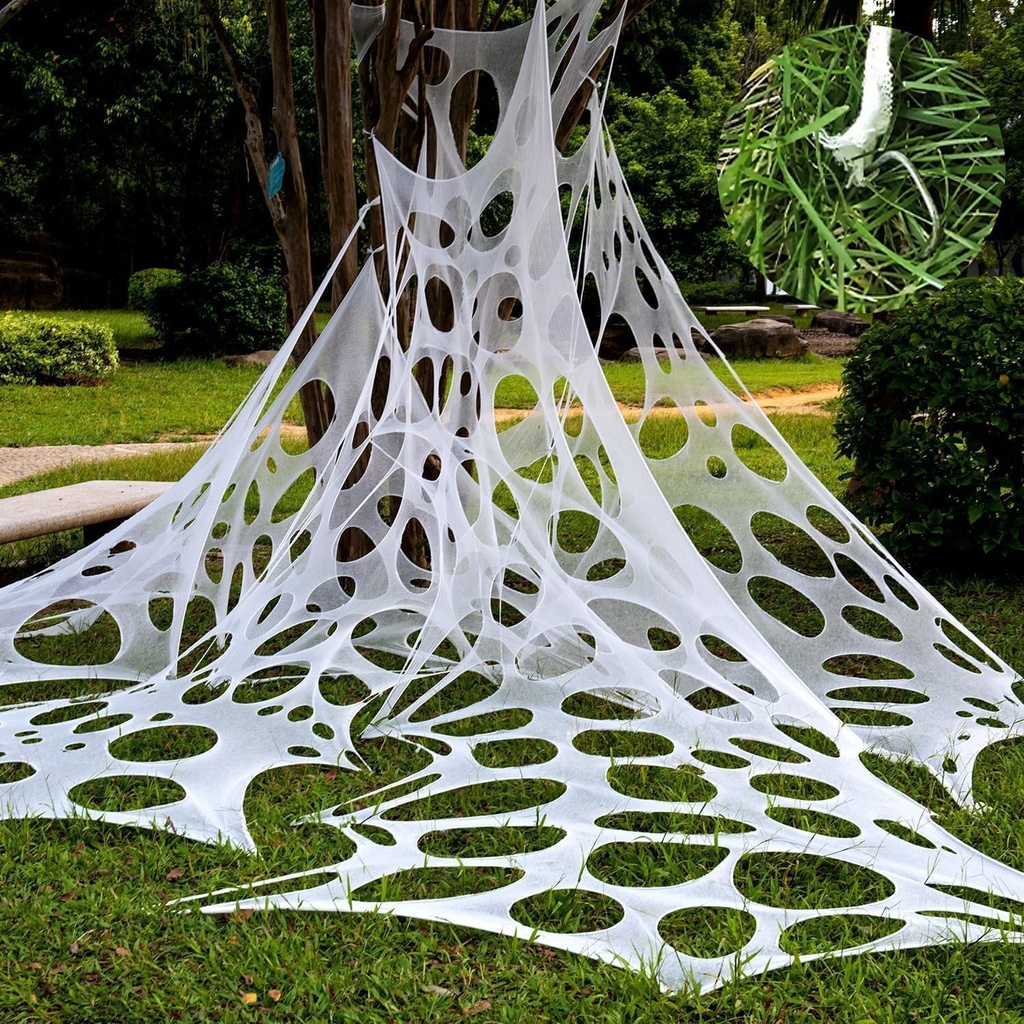 1000 Sqft（After Streched with Holes）Uncut Giant DIY Spider Web Halloween Decorations Outdoor with 10 Ground Nails Stretchy Beef Cloth Netting Cut-Your-Own Flexible Elastic for Yard Party Decor