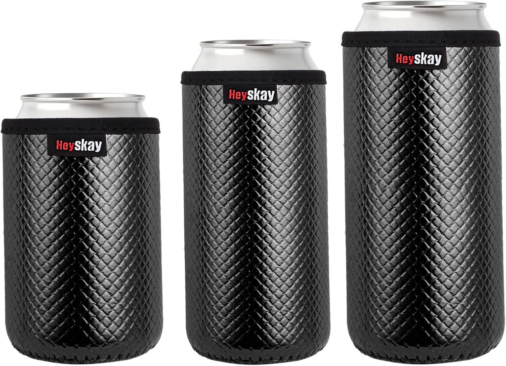 HEYSKAY Neoprene Can Sleeves 3 Sizes-12oz Standard Can Coolers,12oz Slim Can Coolier and 16oz Can Beer PU Leather Sleeve for Soda,Beer,Hard Seltzer,White Claw,Water Bottle and More(3 Pack,Black)