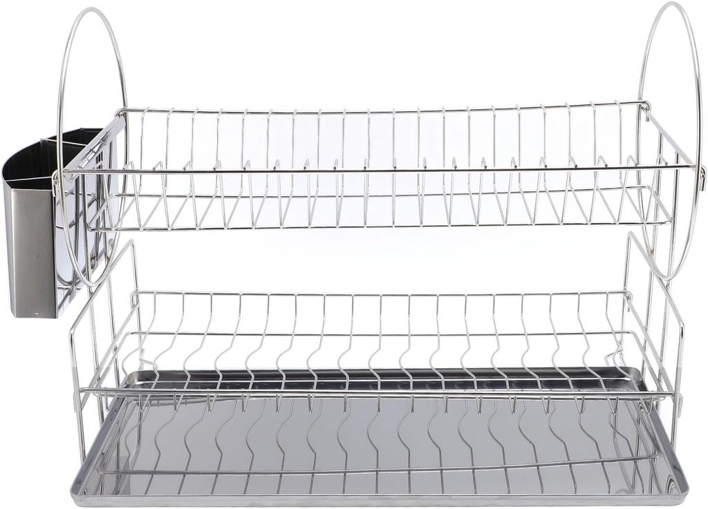 Luqeeg 2 Tier Stainless Steel Dish Drying Rack, Sink Drying Dish Drainer, Kitchen Cabinet Organizer with Cutlery Holder for Counter, Cups, Cutting Board, Plates, Bowls