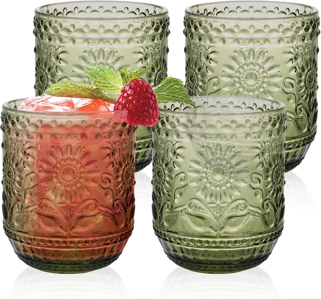 12oz Vintage Wine Glasses, Water Tumblers Set of 4, Glasses Drinking with Sunflower Design, Embossed Floral Glassware for Cocktail, Beer, Whiskey, Water and Juice Drinkware (Green)