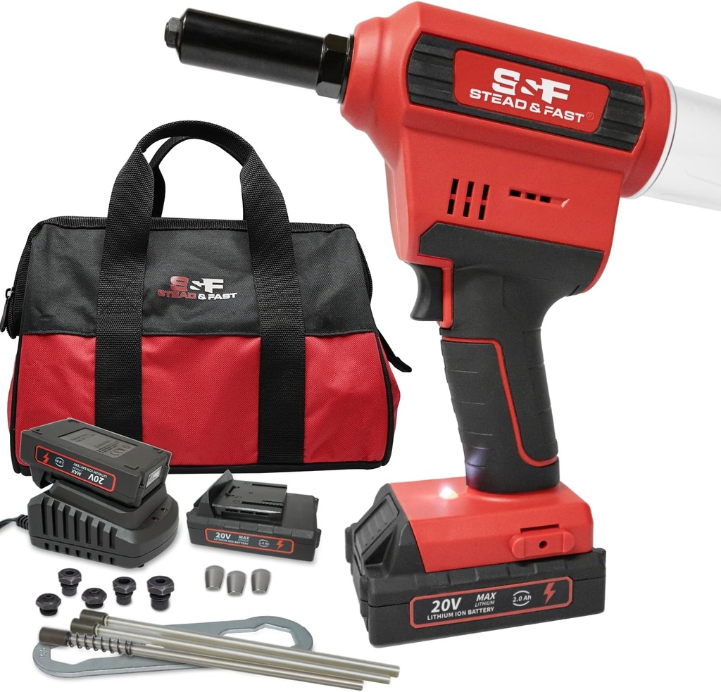 S&F STEAD & FAST Cordless Rivet Tool Kit, 1/8" - 1/4", Brushless, Industrial Grade, with Battery (2 pcs) and Charger, Electric Rivet Gun Set with Case