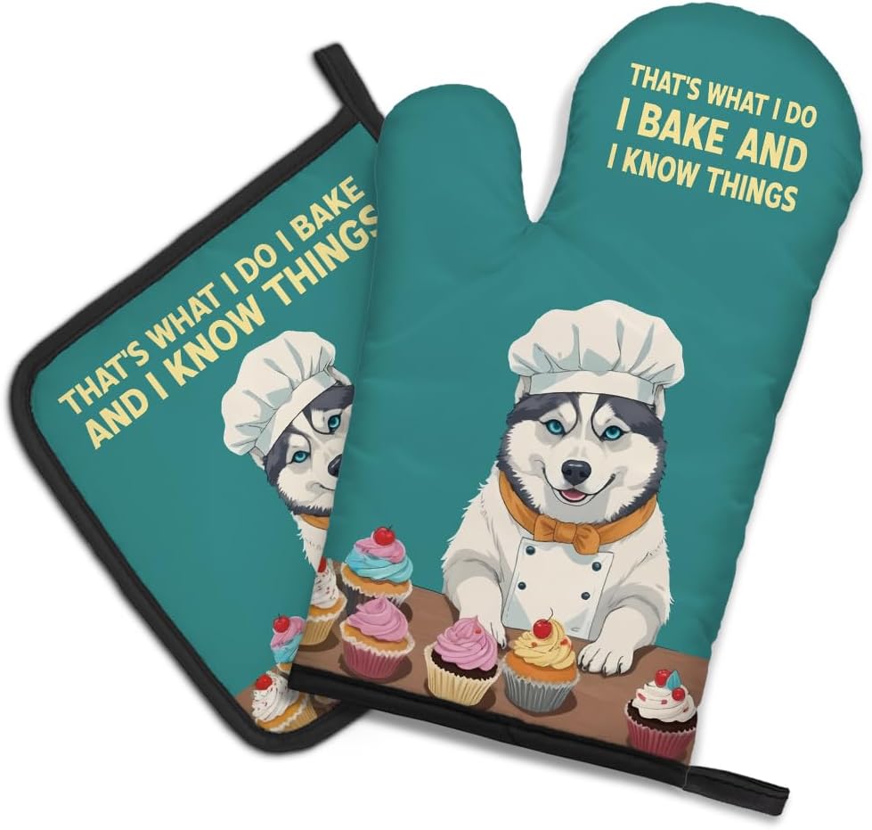 DYJYBMY That's What I Do I Bake and I Know Things Funny Dog Oven Mitts and Pot Holder Set, Cute Kitchen Gadgets for Women Dog Lover, New Home Gifts for Dog Mom, Baking Gifts for Mom Wife Sister BFF