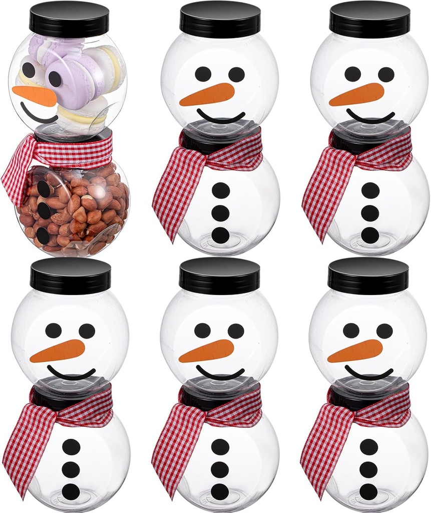 12 Pcs Plastic Candy Jars for Christmas Party Favors Snowman Christmas Candy Jars with Lids Clear Xmas Cookie Jar Container Chocolate Storage Jar with Stickers, Ribbon for Marshmallow Gift