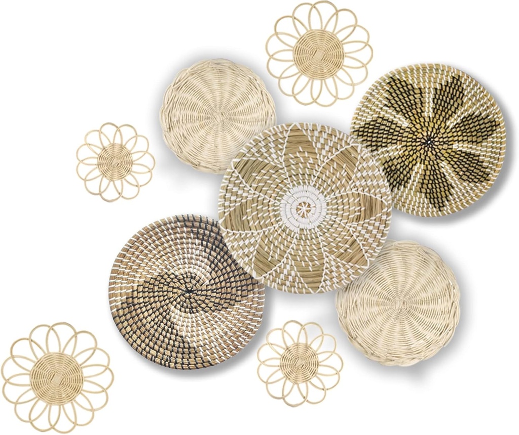 Woven Wall Basket Decor - Set of 9 Handcrafted, Decorative Hanging Wall Baskets - Craft Therapy Rattan and Seagrass Wall Basket Decor set - Ideal for your Cozy home Wall, Farmhouse, Kitchen & More