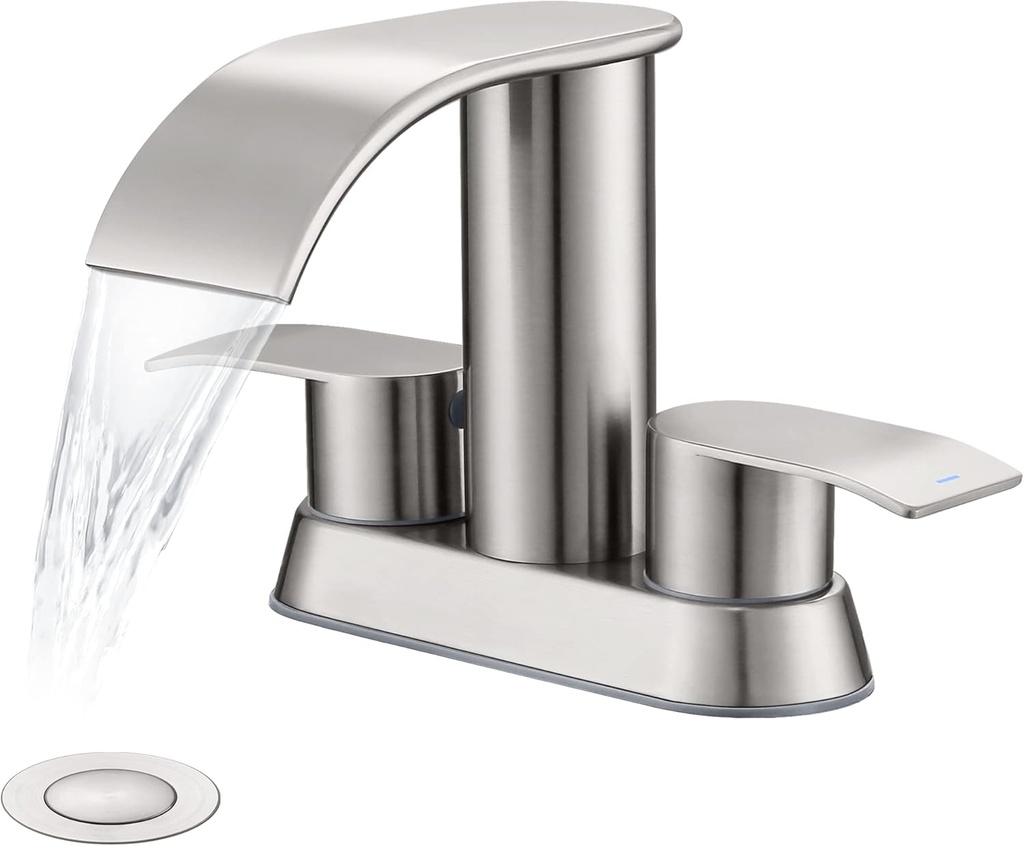 Ultimate Unicorn Waterfall Bathroom Sink Faucet Brushed Nickel, Two Handles Bathroom Faucet with Metal Pop up Sink Drain Stopper, Two Or 3 Holes Bathroom Basin Mixer Tap, Patent No. : US D983,326 S