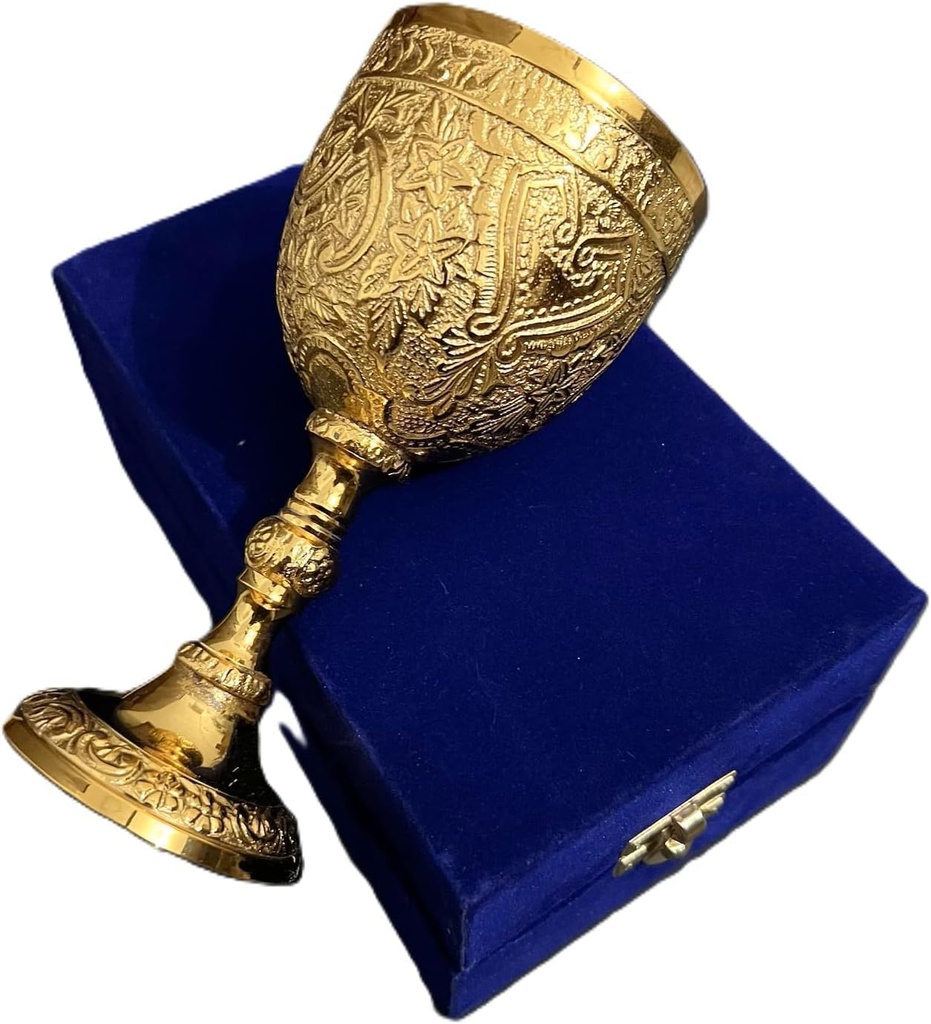 Solid Brass Chalice Goblet - Personalized Renaissance Medieval Gift Antique Gold Wine Glass - Roman Chalice Cup of King Arthur Drinking Wine Goblet With Velvet Box For Christmas, New Year, Gifts. (1)
