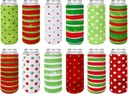 Whaline 12Pcs Christmas Slim Beer Can Sleeve 12oz Red Green Can Cooler Cover Stripe Dot Insulated Drink Thermocoolers for Xmas Winter Beverage Decor Party Supplies