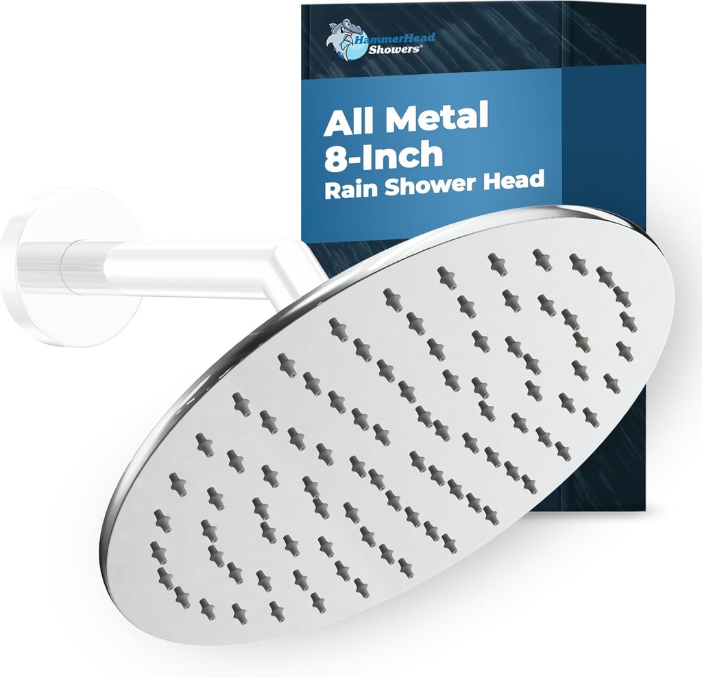 HammerHead Showers® Solid Metal 8 Inch Rainfall Shower Head – CHROME - Shower Head Rainfall - 2.5 GPM High Flow Shower Head Optimized for Pressure – Large Round Rain Shower Heads