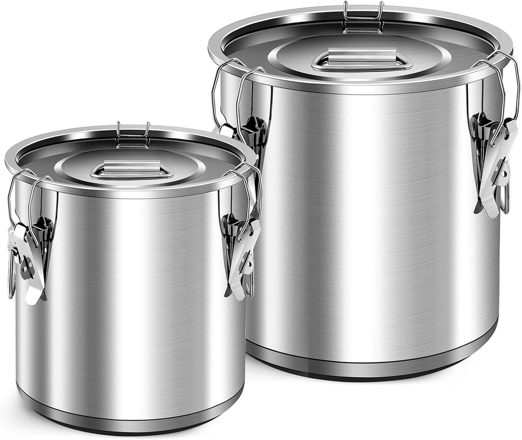 Suclain 2 Pcs 21L 304 Stainless Steel Airtight Canister with Locking Clamp 12L Metal Sealed Food Storage Containers for Flour Rice Cereal Grain Coffee Bean and Pet Food