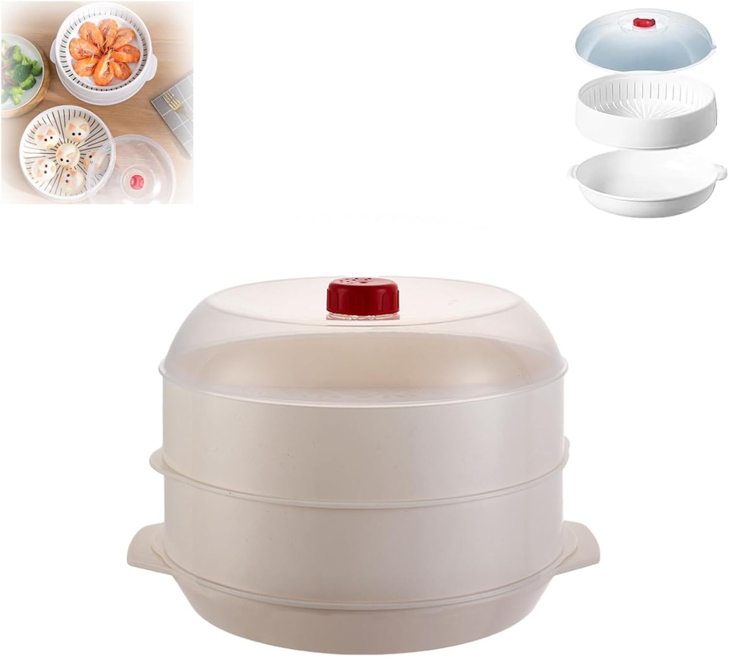 Round Microwave Oven Steamer, Multifunctional Steaming Basket for Healthy Cooking Vegetables, Fish, Dumplings, Rice, Easy to Clean Kitchen Cookware with Vented Lid (Light Gray-B)