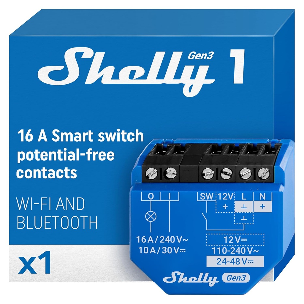 Shelly 1 Gen3 | WiFi Smart Relay Switch with Dry Contacts, 1-Channel 16A | Home Automation | Alexa, SmartThings & Google Home Compatible | No Hub | DIY Remote Control | Garage Door Opener