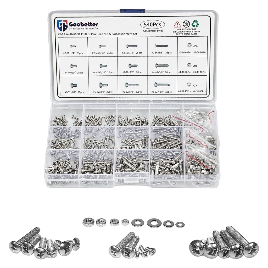 Nuts and Bolts Assortment Kit, Phillips Pan Head 304 Stainless Steel Hardware Assortment Kit with Assorted Nuts, Bolts and Washers（#2-56#4-40#6-32)