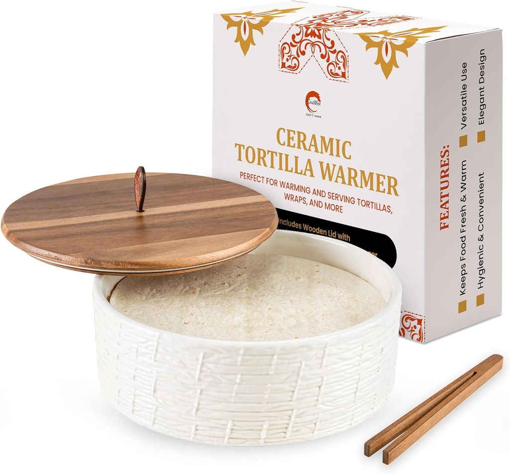 Ceramic Tortilla Warmer with Airtight Wooden Lid – 8.8 Inch Tortilla Holder, Insulated Bread Pancake Warmer, Authentic Tortillero for Tortillas, Pancakes, Roti – Large Tortilla Container