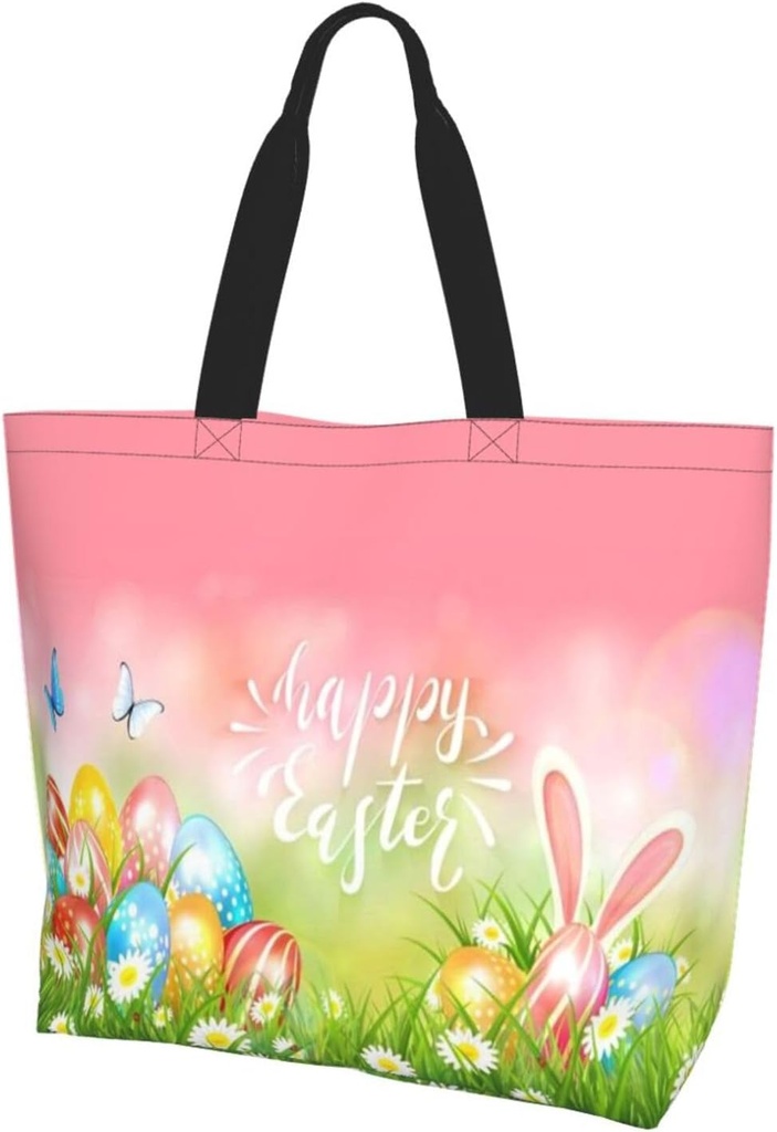 Easter Bags, Easter Bunny Tote Bag for Women Men Reusable Rabbits Shoulder Bag for Shopping, Beach, Travel, Work, Gym